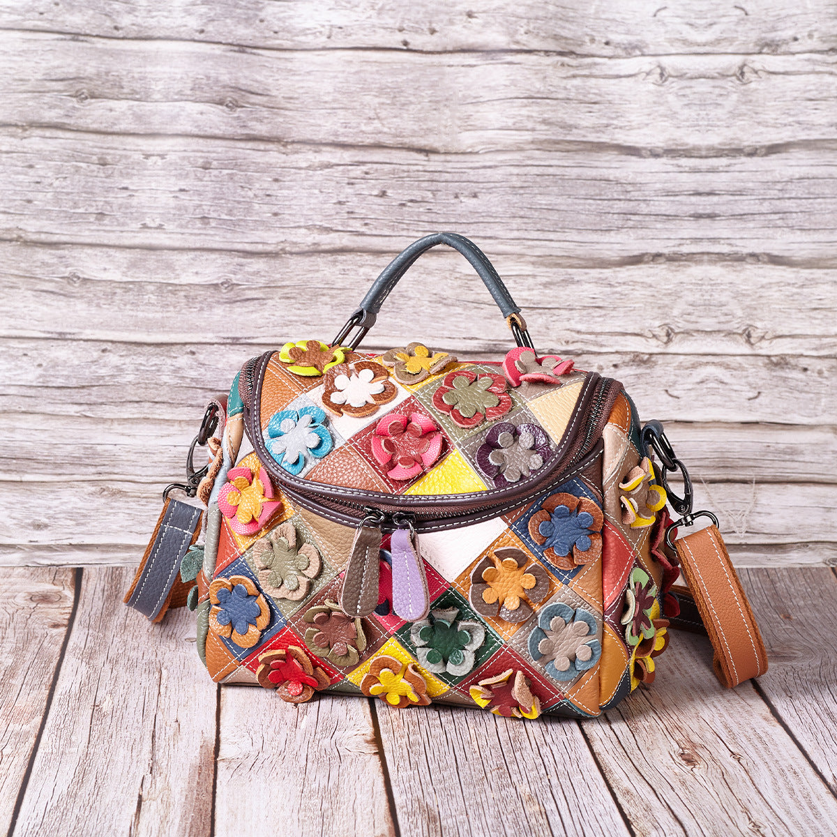 Handcrafted Top-Grain Cowhide Leather Handbag with Contrasting Color Patchwork YF-1395