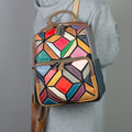 Genuine Leather - Geometric Pattern Contrasting Colors Casual  Backpack YF-1350