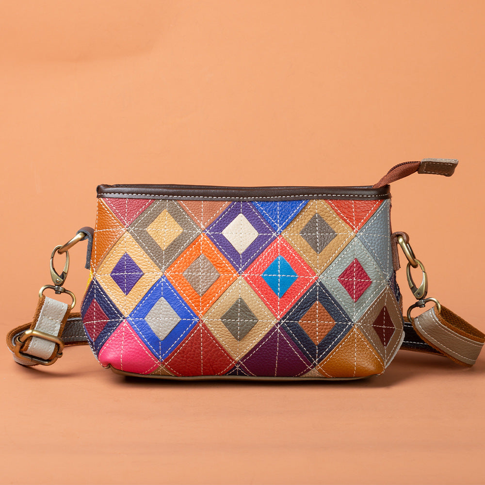 Top-Grain Cowhide Leather Contrast-Color Small Crossbody Shoulder Bag YF-1346