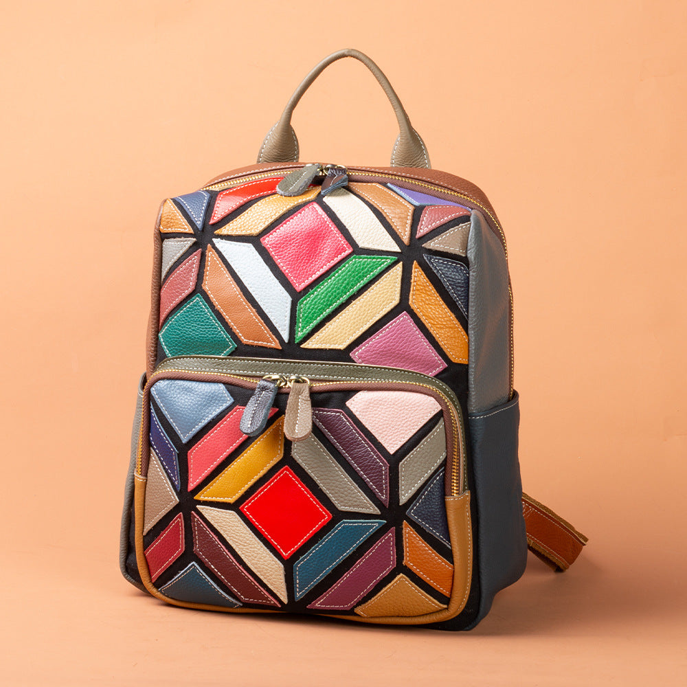Genuine Leather - Geometric Pattern Contrasting Colors Casual  Backpack YF-1350