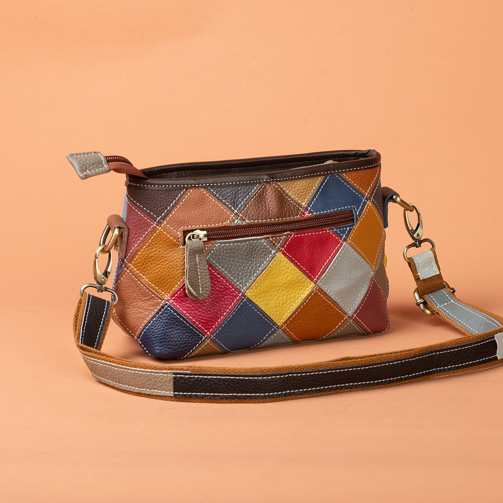 Top-Grain Cowhide Leather Contrast-Color Small Crossbody Shoulder Bag YF-1346