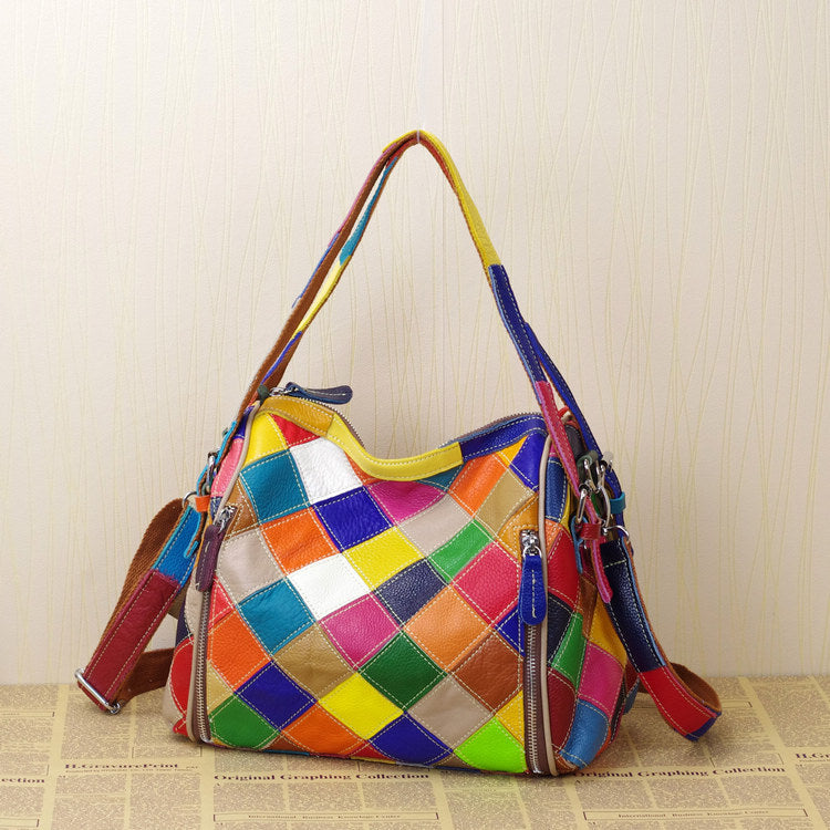 Genuine Leather Fashion Patchwork Handbag Color-Blocked Shoulder Bag YF-435