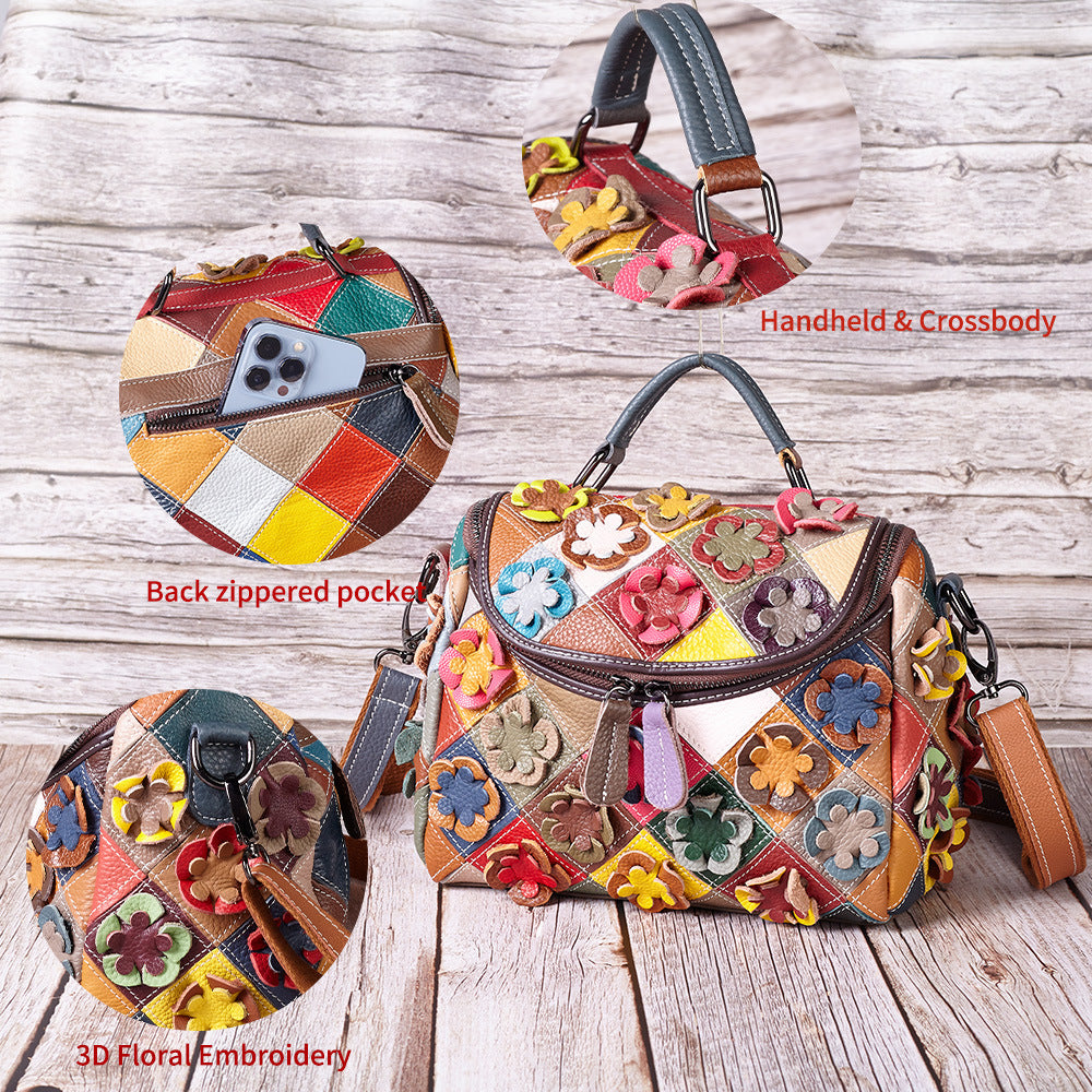 Handcrafted Top-Grain Cowhide Leather Handbag with Contrasting Color Patchwork YF-1395