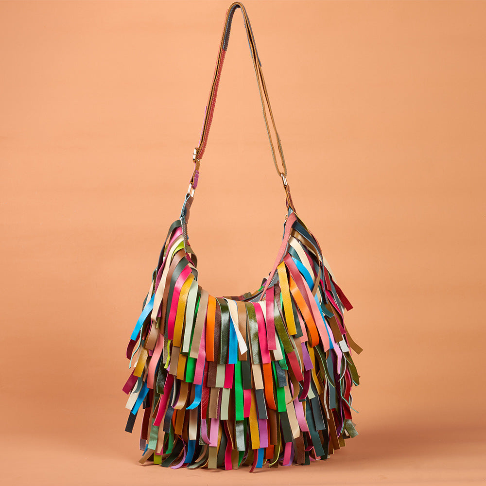 Women's Genuine Leather Vintage Fringe Contrast-Color Shoulder Crossbody Bag YF-1390