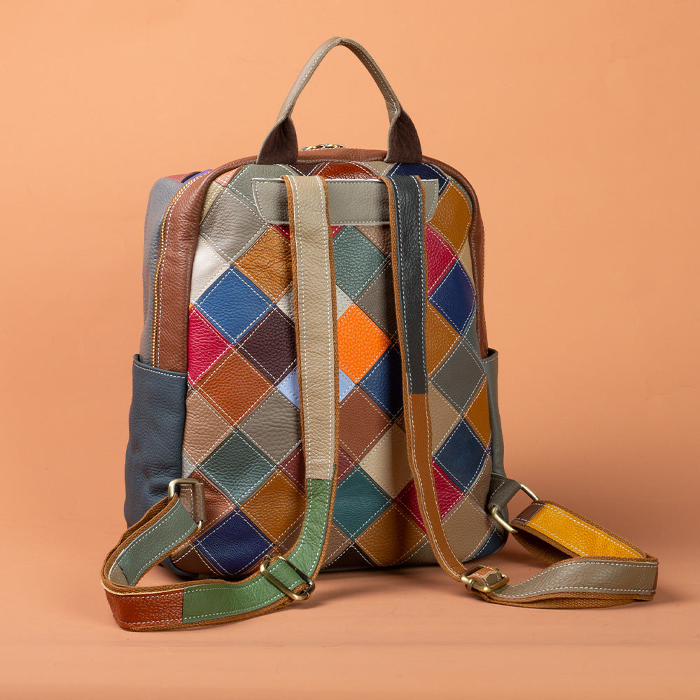 Genuine Leather - Geometric Pattern Contrasting Colors Casual  Backpack YF-1350