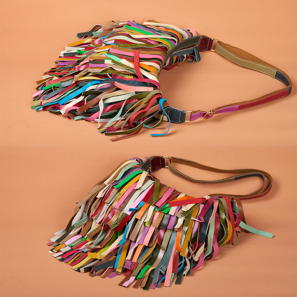 Women's Genuine Leather Vintage Fringe Contrast-Color Shoulder Crossbody Bag YF-1390