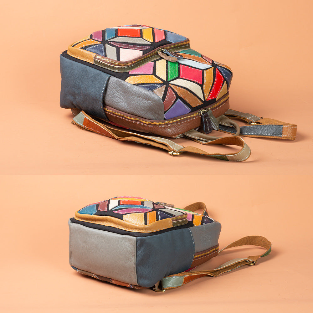 Genuine Leather - Geometric Pattern Contrasting Colors Casual  Backpack YF-1350