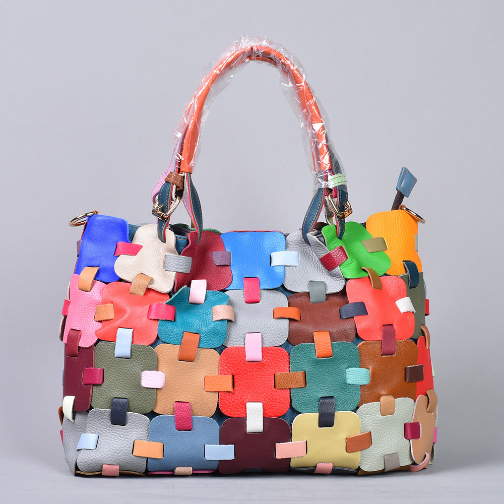 Ethnic-inspired Colorful Braided Leather Tote Bag with Shoulder Strap for Beach Use YF-1286