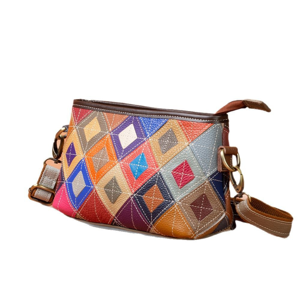 Top-Grain Cowhide Leather Contrast-Color Small Crossbody Shoulder Bag YF-1346