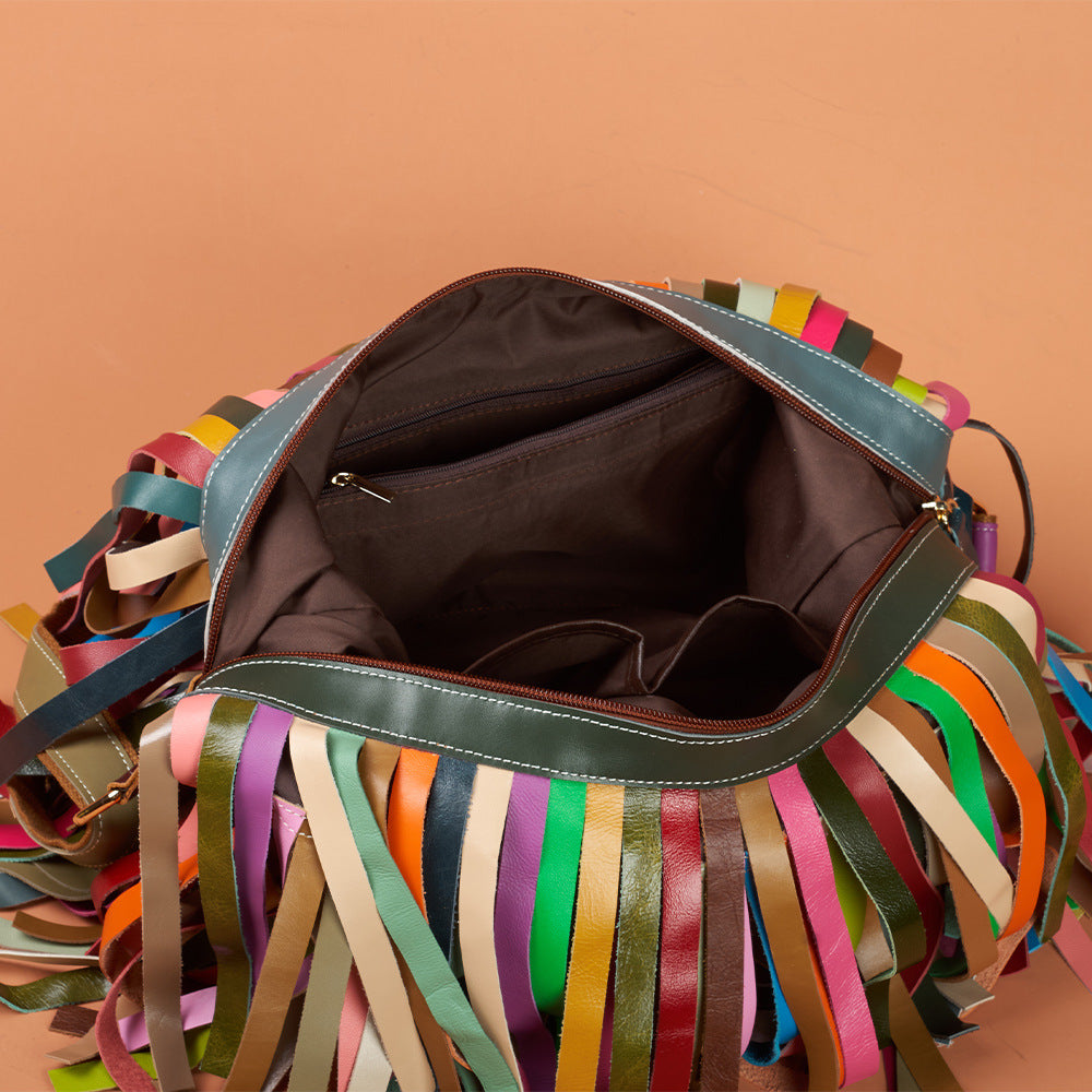 Women's Genuine Leather Vintage Fringe Contrast-Color Shoulder Crossbody Bag YF-1390