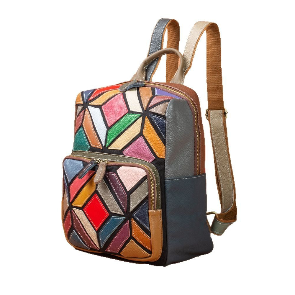 Genuine Leather - Geometric Pattern Contrasting Colors Casual  Backpack YF-1350