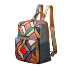 Genuine Leather - Geometric Pattern Contrasting Colors Casual  Backpack YF-1350