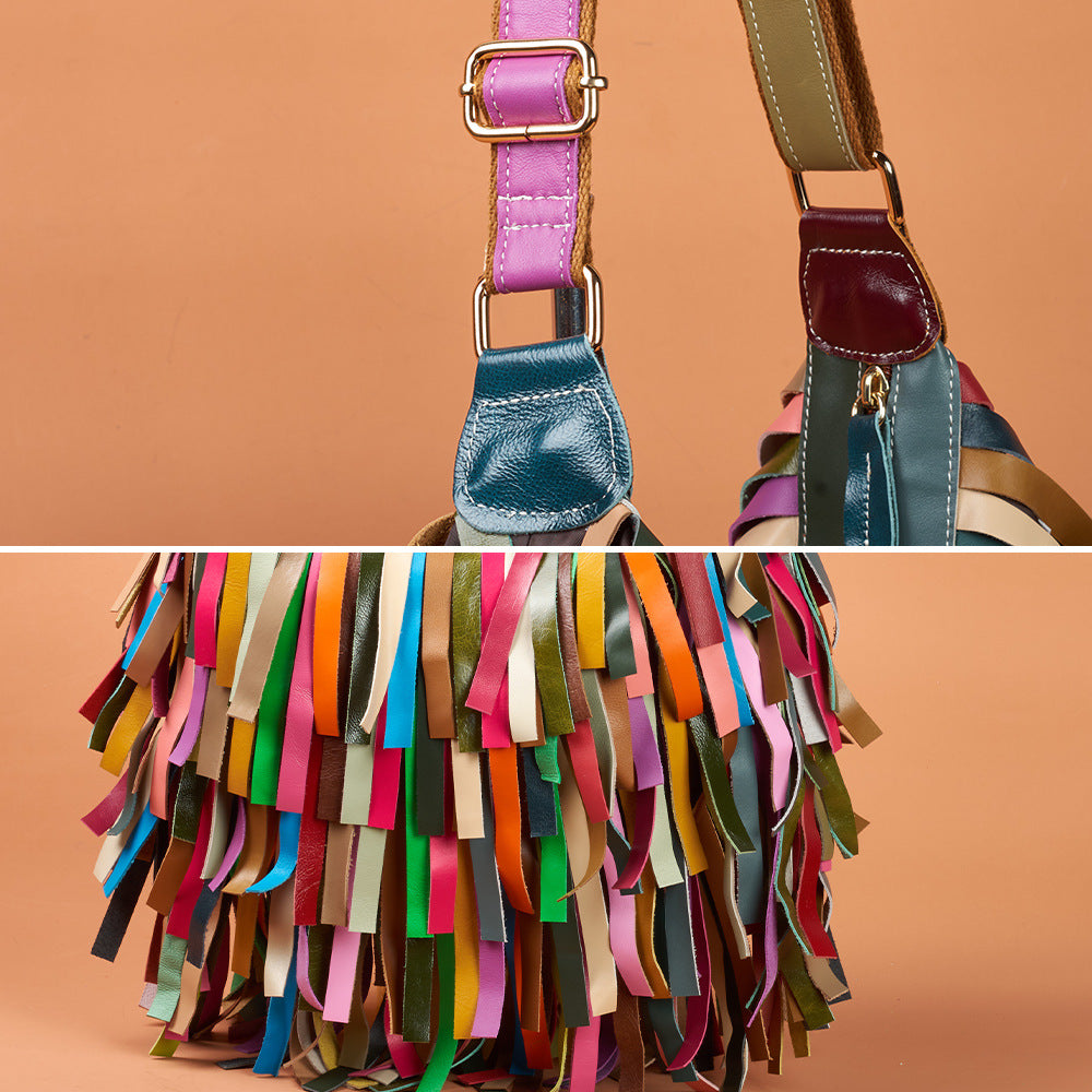Women's Genuine Leather Vintage Fringe Contrast-Color Shoulder Crossbody Bag YF-1390