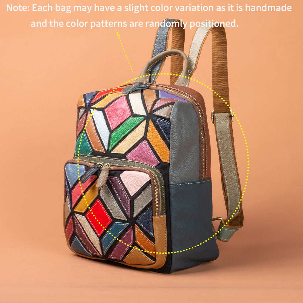Genuine Leather - Geometric Pattern Contrasting Colors Casual  Backpack YF-1350