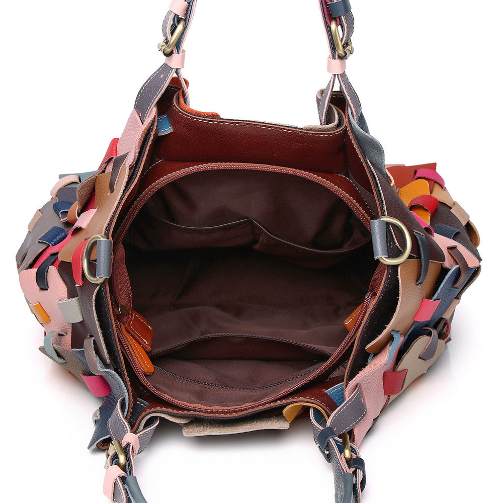 Ethnic-inspired Colorful Braided Leather Tote Bag with Shoulder Strap for Beach Use YF-1286