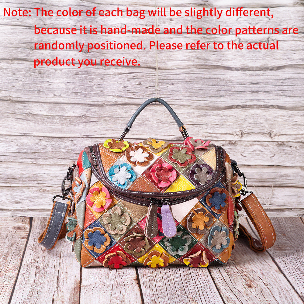 Handcrafted Top-Grain Cowhide Leather Handbag with Contrasting Color Patchwork YF-1395