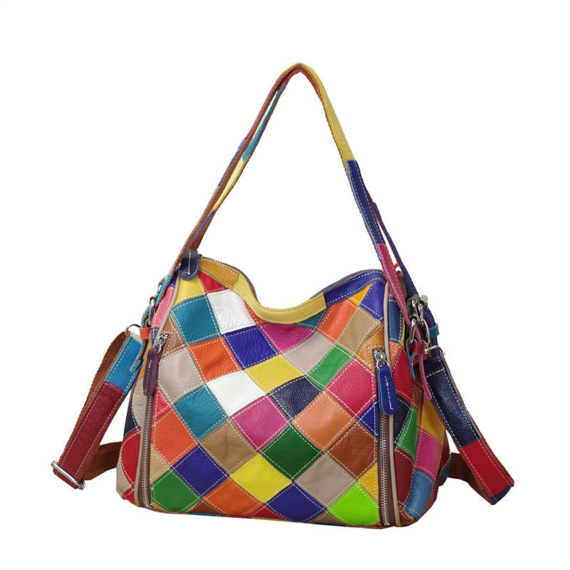 Genuine Leather Fashion Patchwork Handbag Color-Blocked Shoulder Bag YF-435