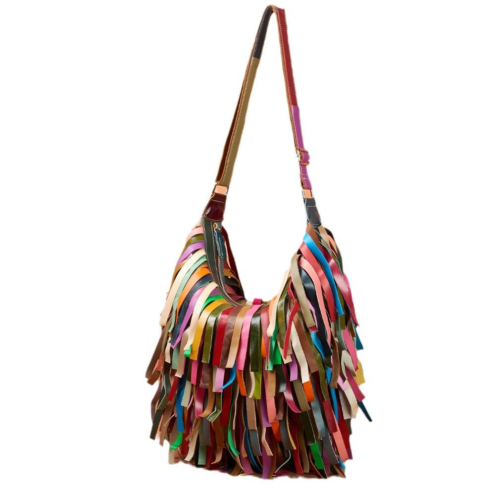 Women's Genuine Leather Vintage Fringe Contrast-Color Shoulder Crossbody Bag YF-1390