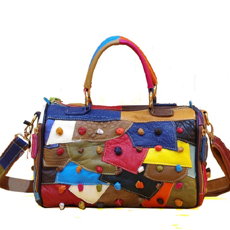 Genuine Leather Cowhide Color-Blocked Crossbody Bag Beaded Clutch  YF-482